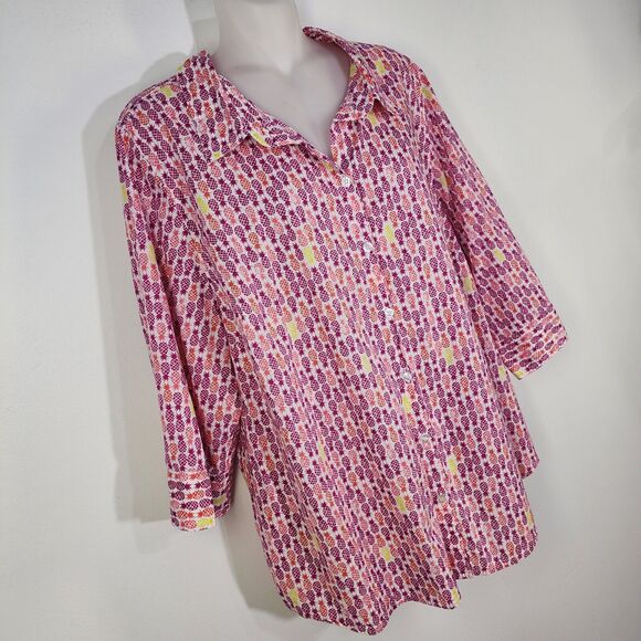 Catherines Shirt Top Womens Size 1X White Pink Pineapple Button Front 3/4 Sleeve - Picture 5 of 11